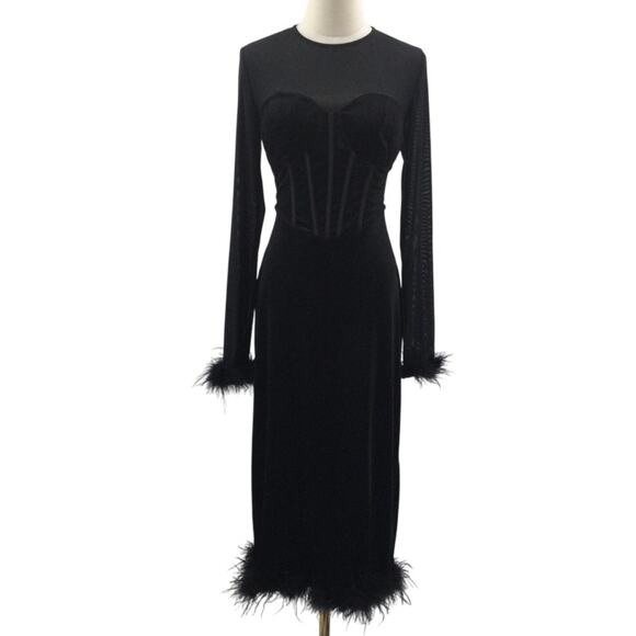 LULUS SZ L Sensational Situation Black Velvet Feather Bustier Midi Dress NWT 0B5 - Picture 3 of 12